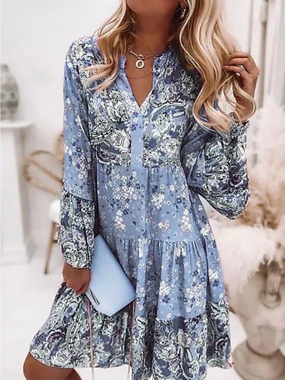 Floral Tiered V-Neck Dress - Blue